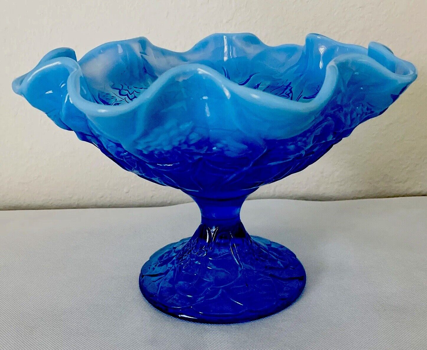 Fenton Art Glass Blue Opalescent Water Lily Compote Rare Find