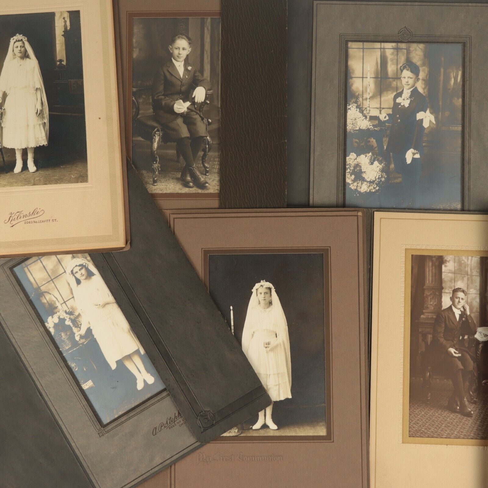 Lot of Six 6 Antique 1920s Communion Child Portrait Cabinet Photographs Folders