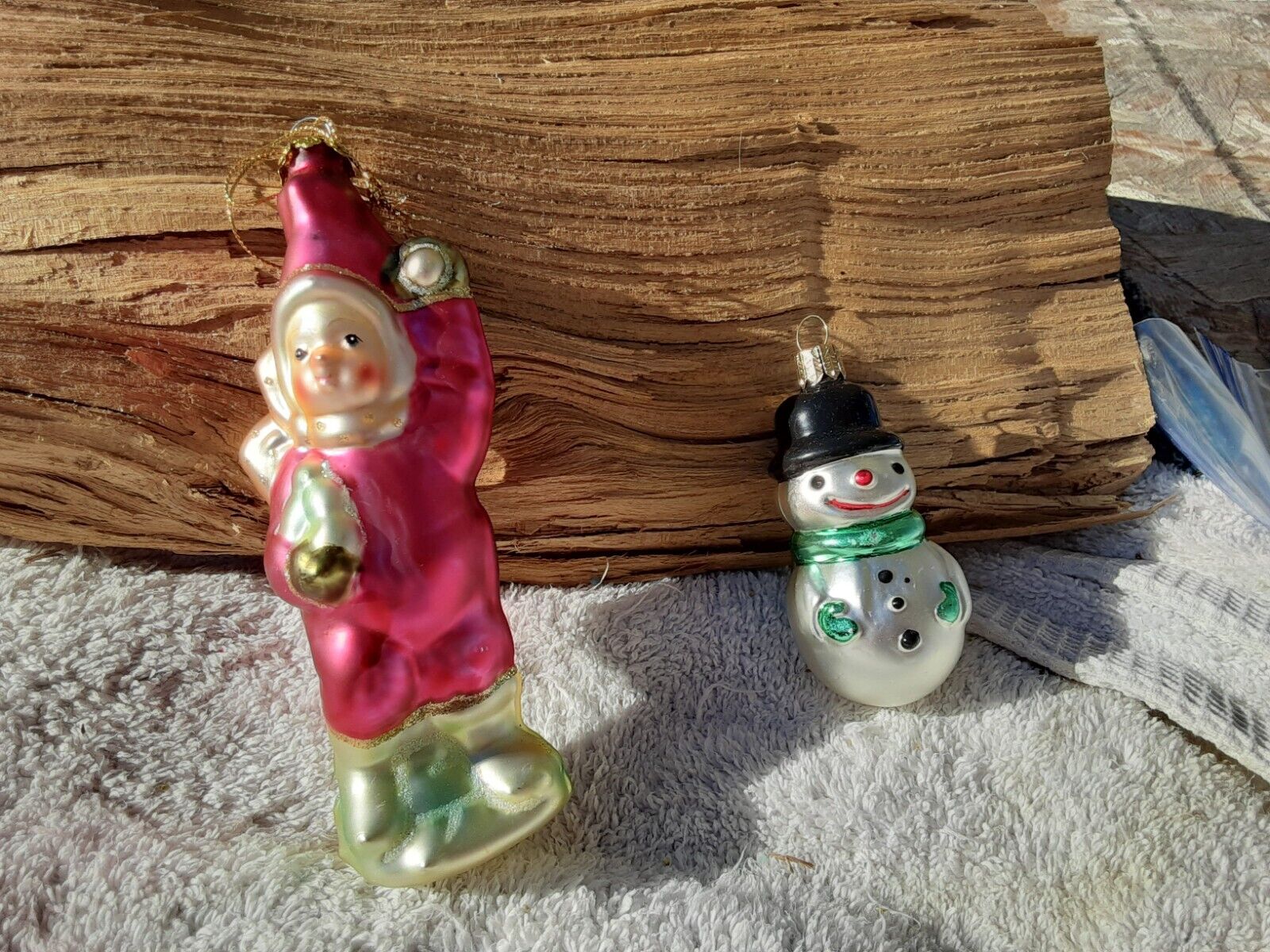 Vintage Blown Mercury Star Glass Snowman & Snowball Throwing Child Ornaments