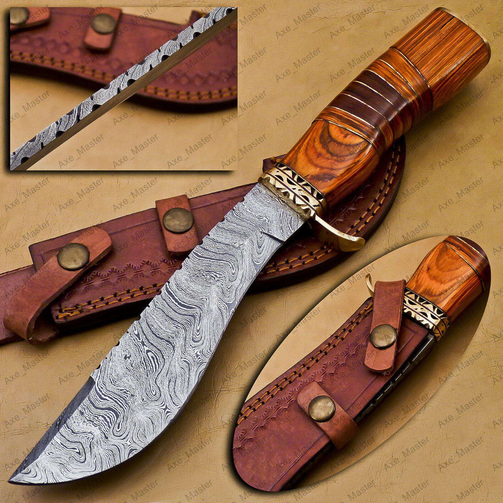 High-End Handmade Damascus Steel Mosaic Bowie Knife Hunting Knife Wood Handle