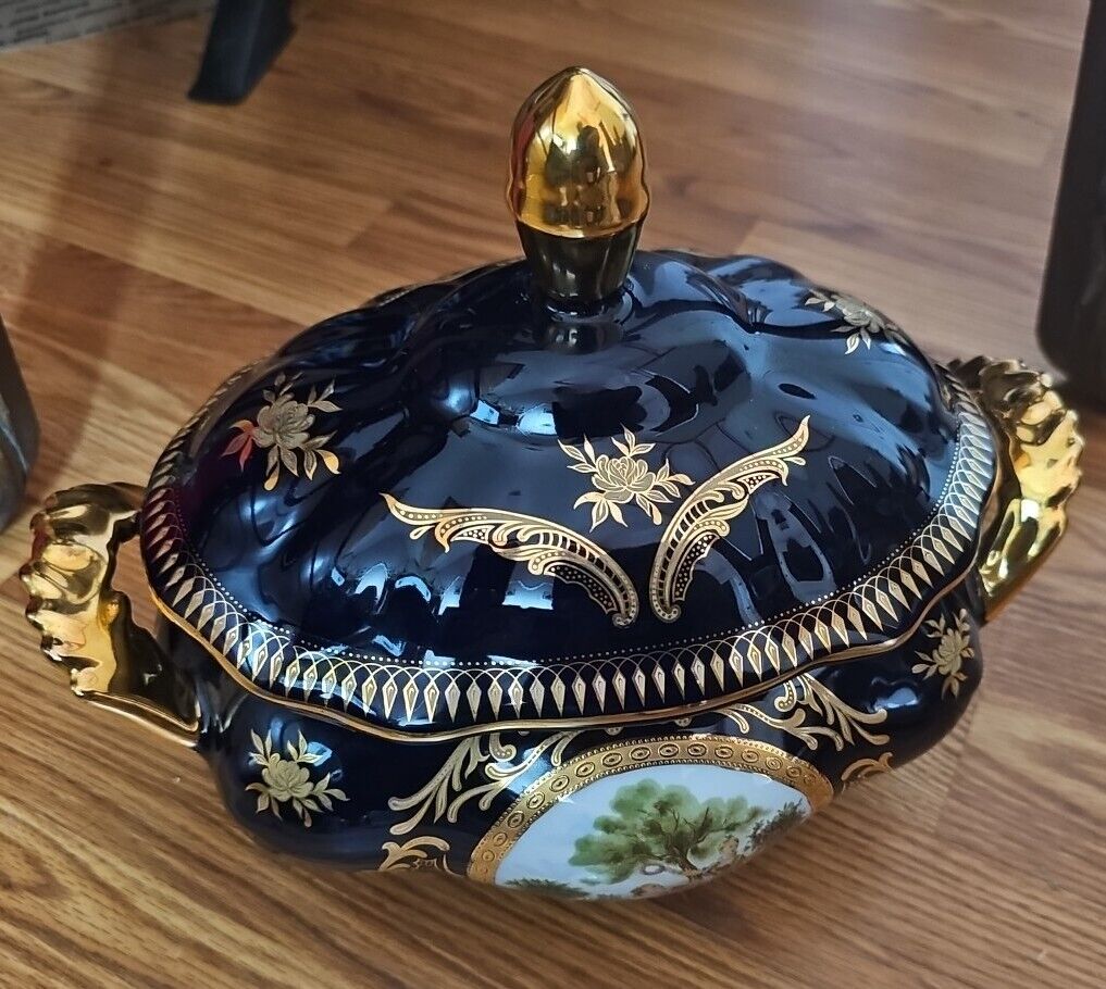 Lidded Oval Tureen French Art Gold Toned Porcelain 12x10