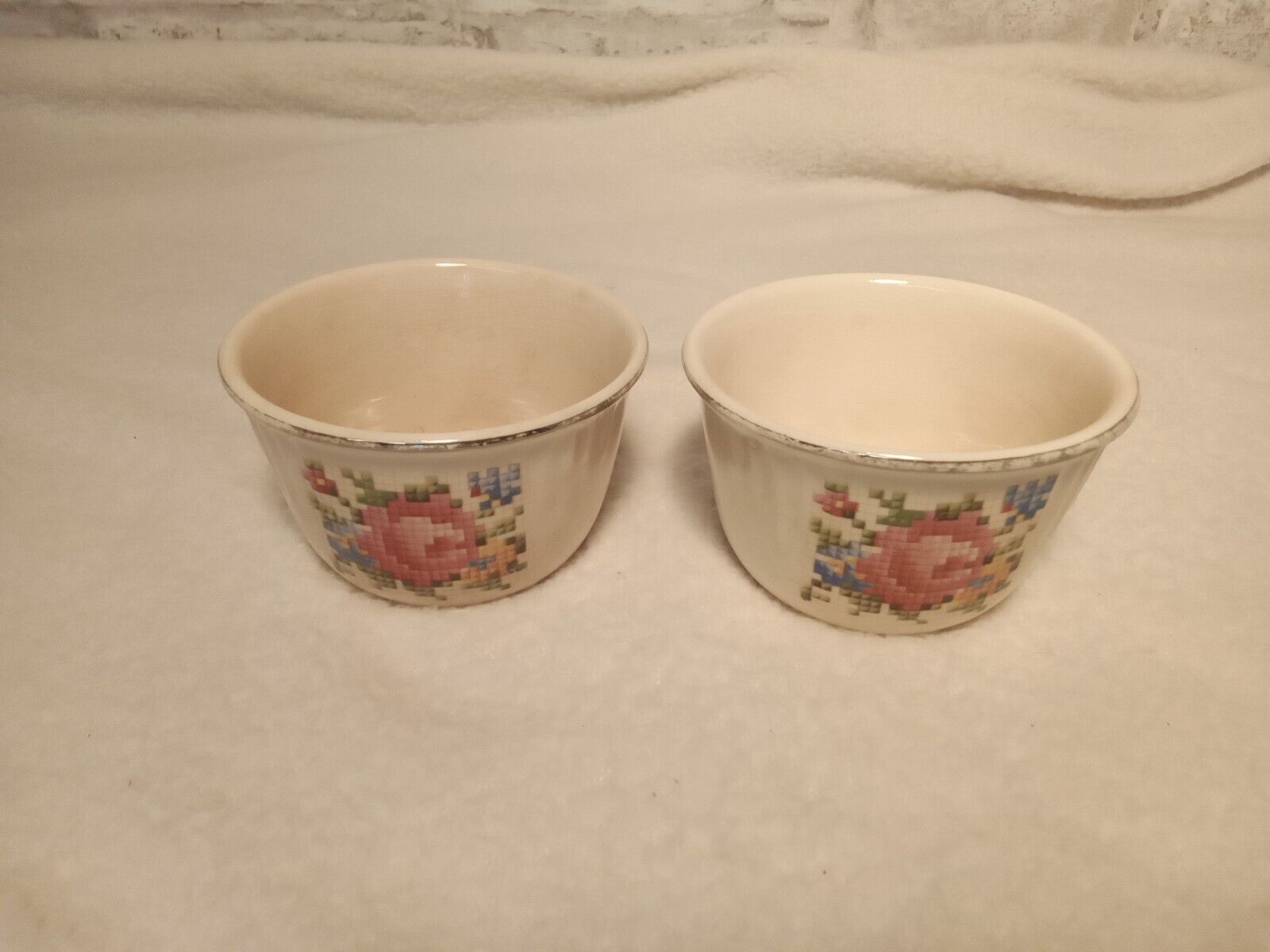 Vintage Harker pottery Hotoven Custard Cups Petit Point Cross Stitch Set Of (2)