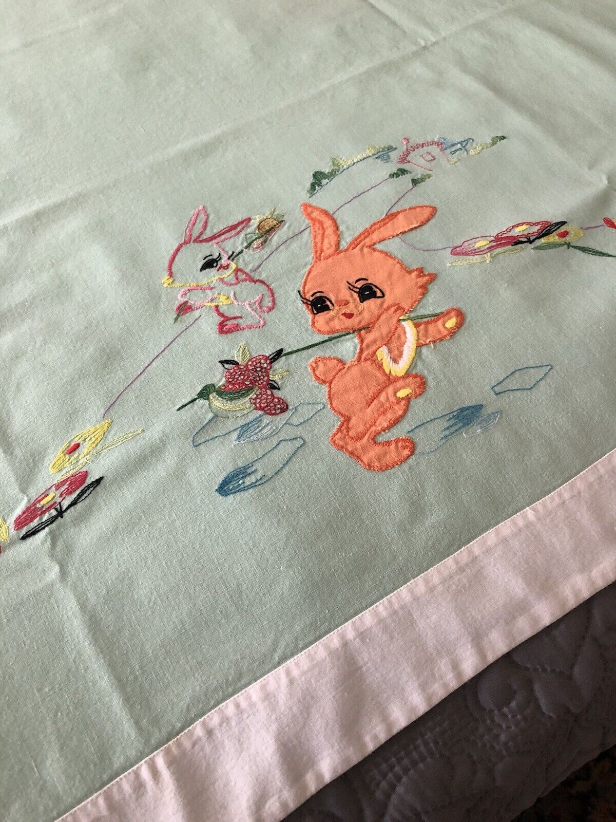 Vintage Appliquéd & Embroidered Bunny Crib Sheet 33 X 51