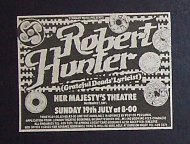 Robert Hunter Jack O\'Roses Era 1981 Mini Poster Type Concert Ad (Grateful Dead)