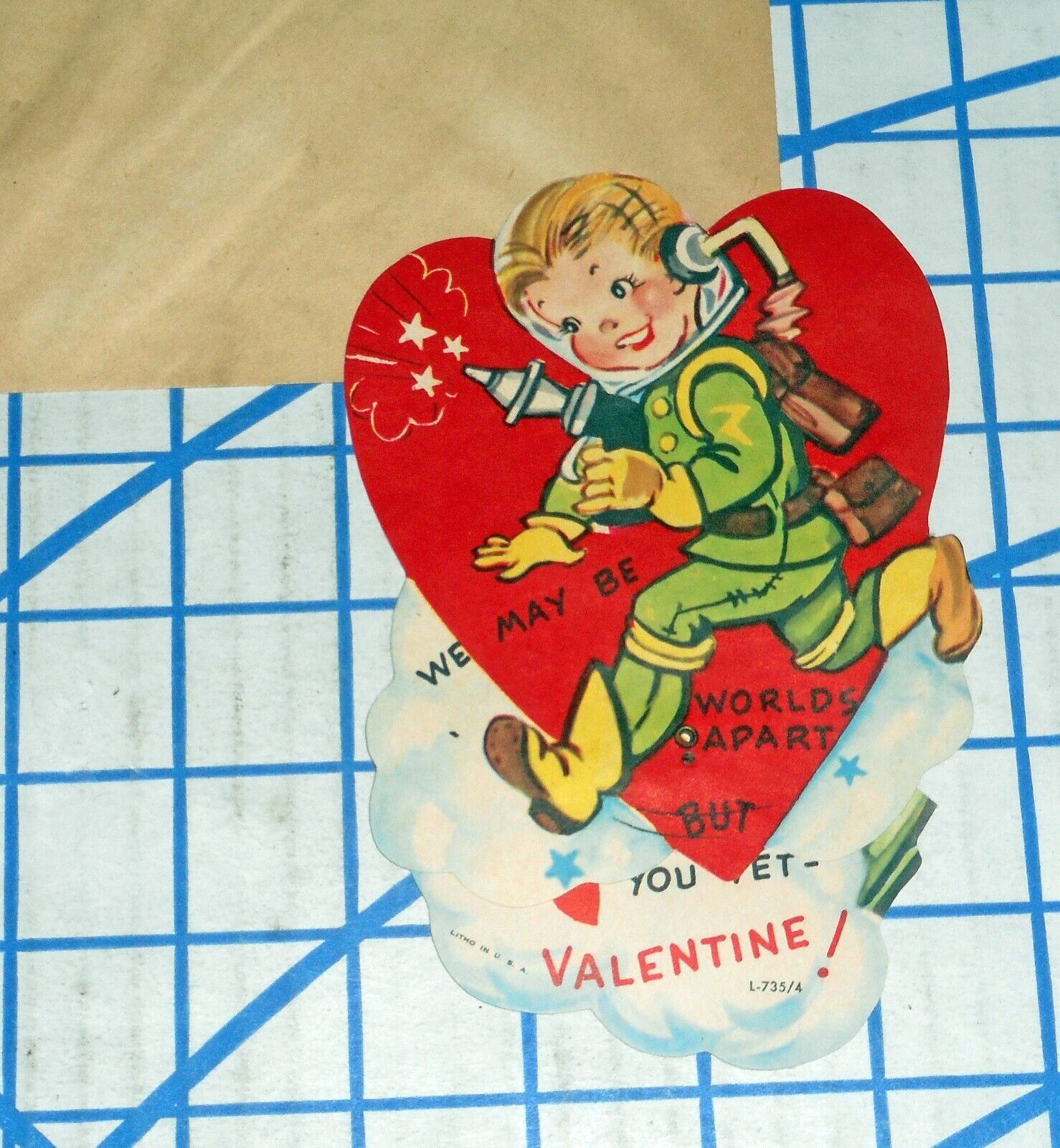 Vintage 1940s Space Boy with Ray Gun Mechanical Valentines Day Card VG