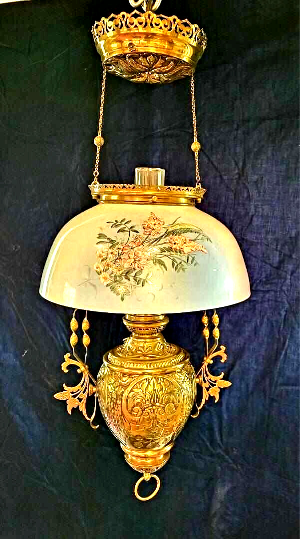 Antique Success USA Hanging Oil Lamp Chandelier Blue Floral Pattern 14\
