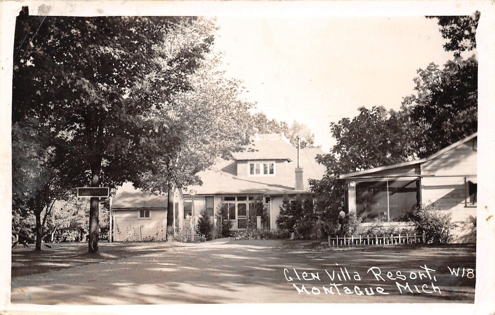 Montague Michigan~Glen Villa Resort~Porch Screen on Bungalow~Sign RPPC 1941
