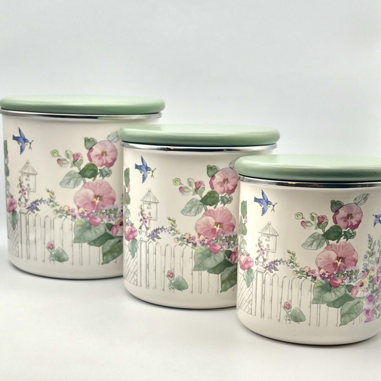 Pfaltzgraff Cape May Pattern Enamel Canister Set With Sage Green Wooden Lids