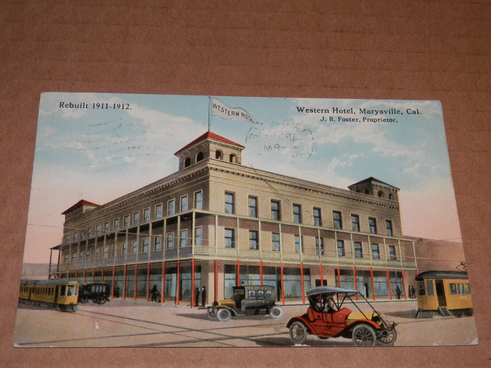 MARYSVILLE CA - USED 1915 POSTCARD - WESTERN HOTEL - REBUILT 1911-1912