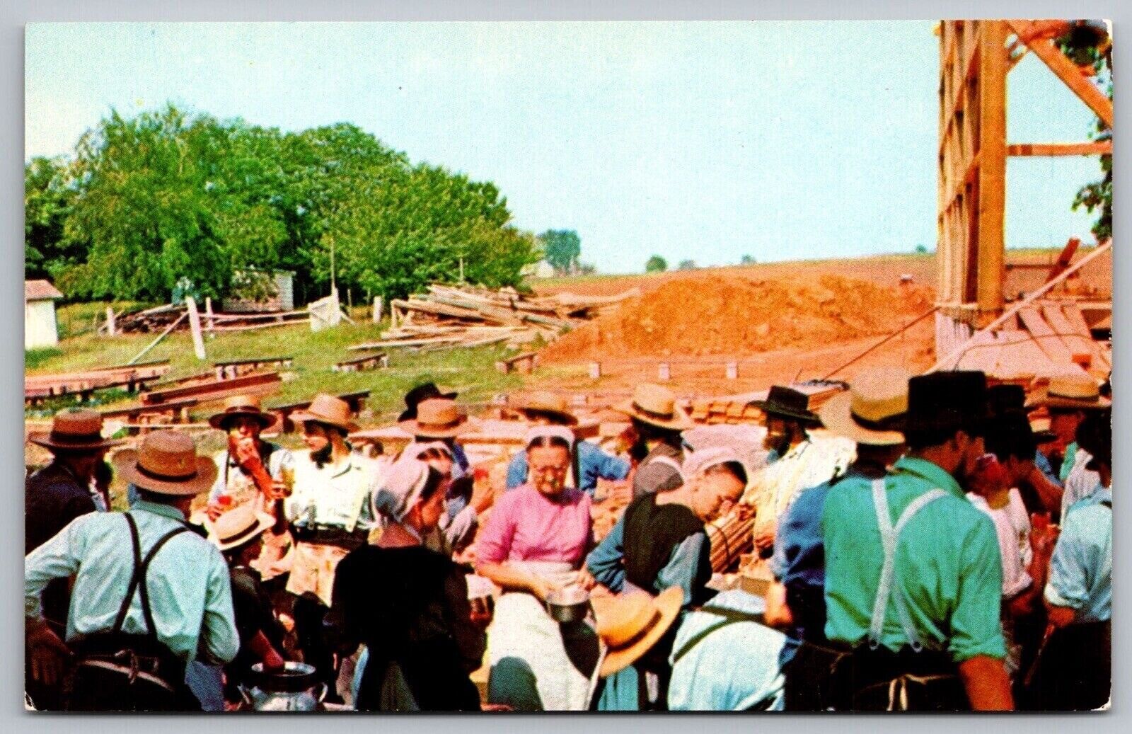 Pennsylvania Amish Barn Raising Scenic Countryside Chrome UNP Postcard