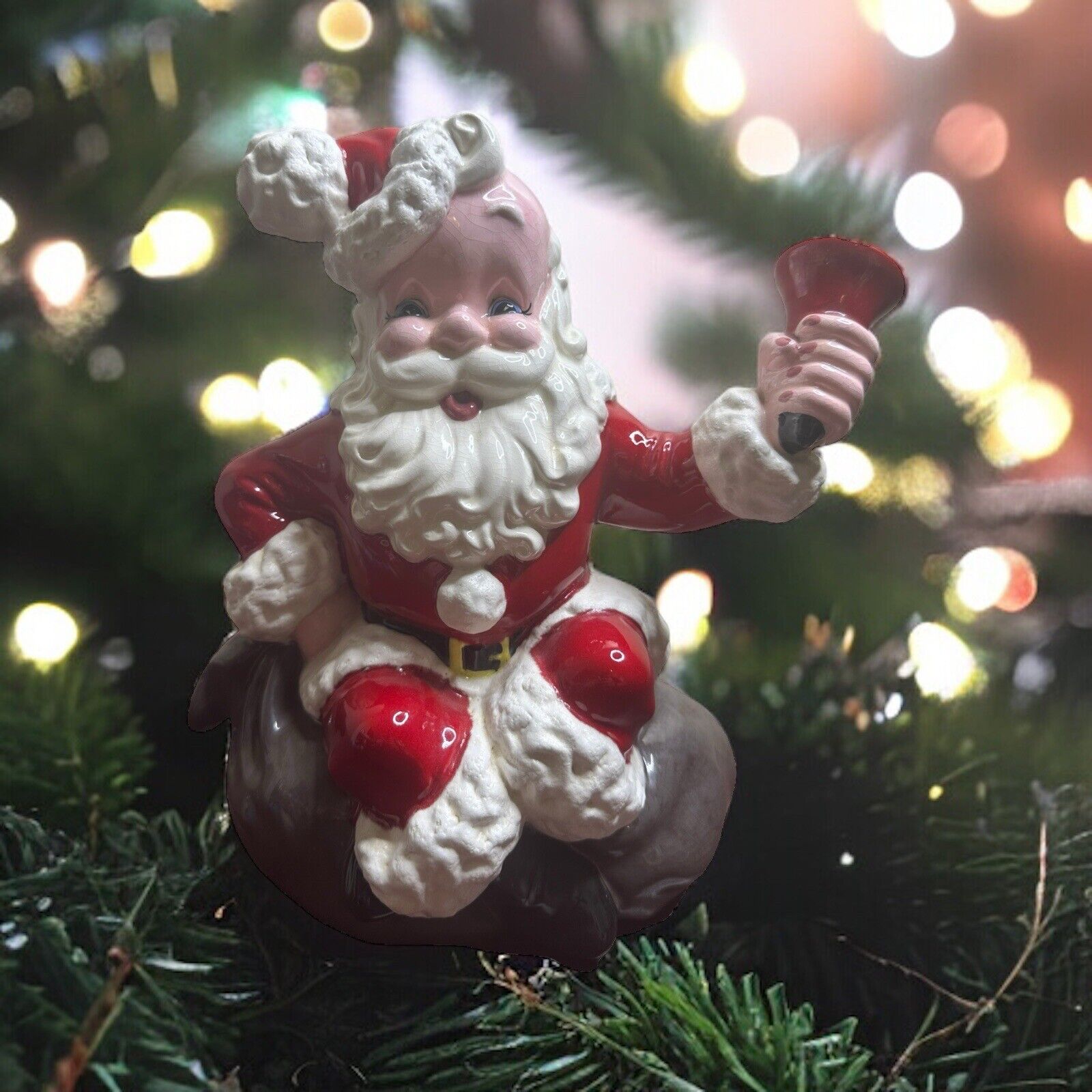 Vintage Atlantic Mold Ceramic Santa with Bell & Jingle Bells  1970s