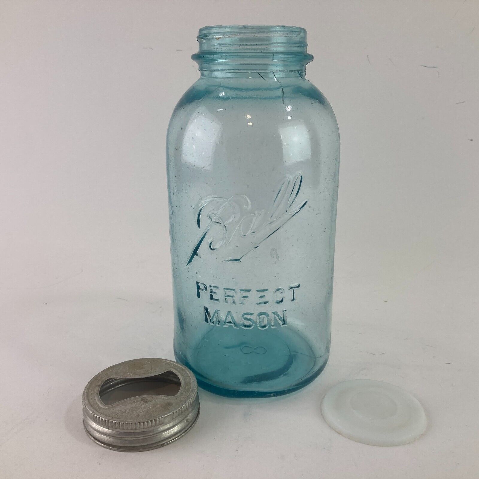 Vintage Blue Glass Ball Mason Jar Half Gallon Zinc & Milk Glass Lid Dropped A