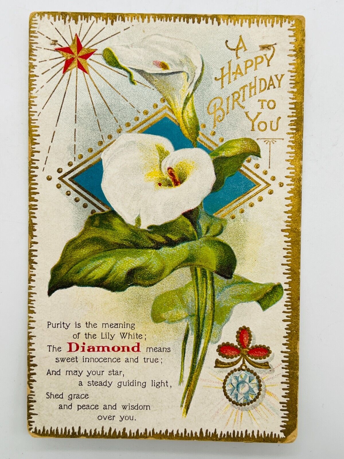 Antique Embossed Birthday Postcard April Birthstone Diamond Lily Birth Flower