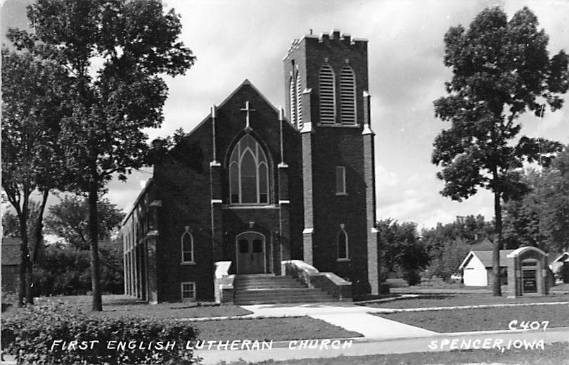 Spencer Iowa~First English Lutheran Church~Garage Behind~Trees~1940s RPPC