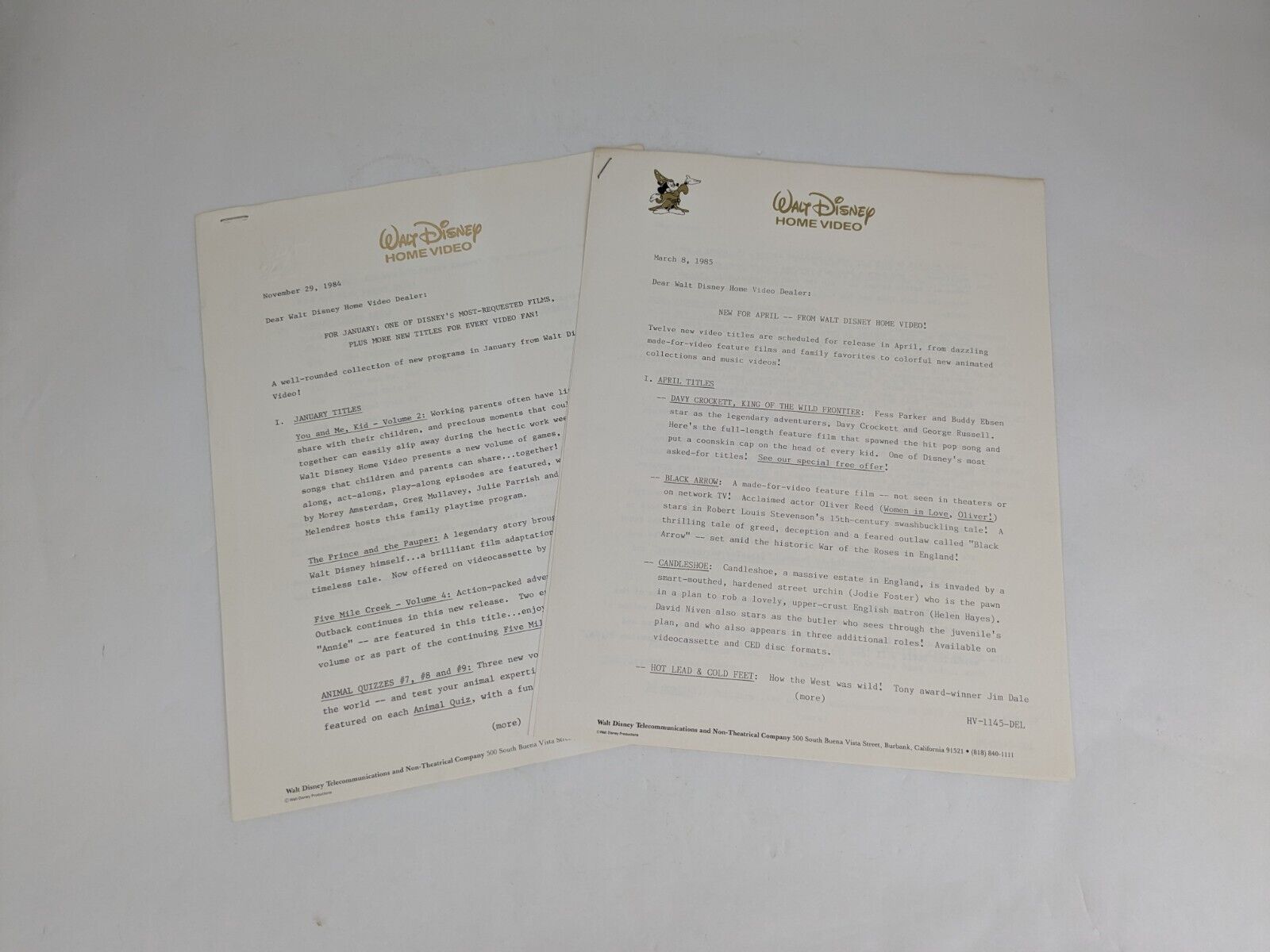 Lot (2) Vtg 1980s Walt Disney Home Video Release Announcement Letter Letterhead 