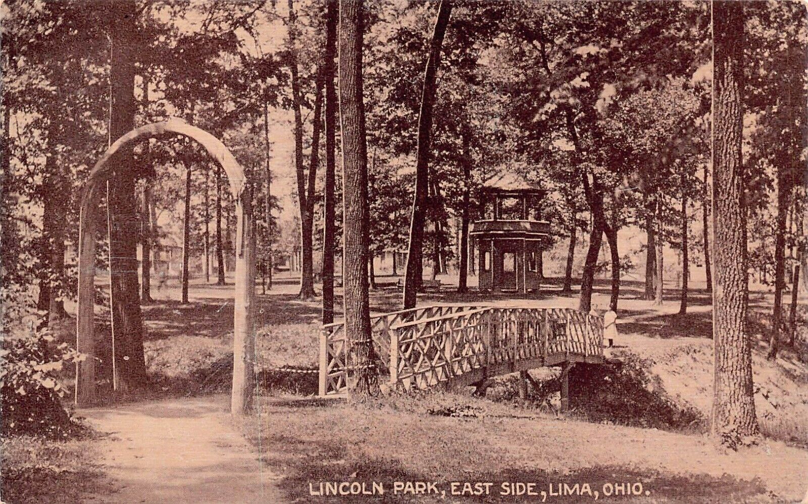Lima OH Ohio Lincoln Park railroad history Rustic Bridge c1911 Vtg Postcard X7