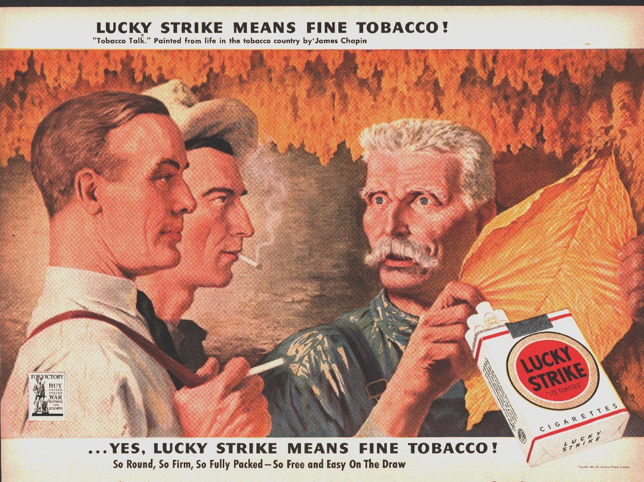 1943 Lucky Strike Means Fine Tobacco Men W/ Tabacco Leaf Print Ad Advertisement