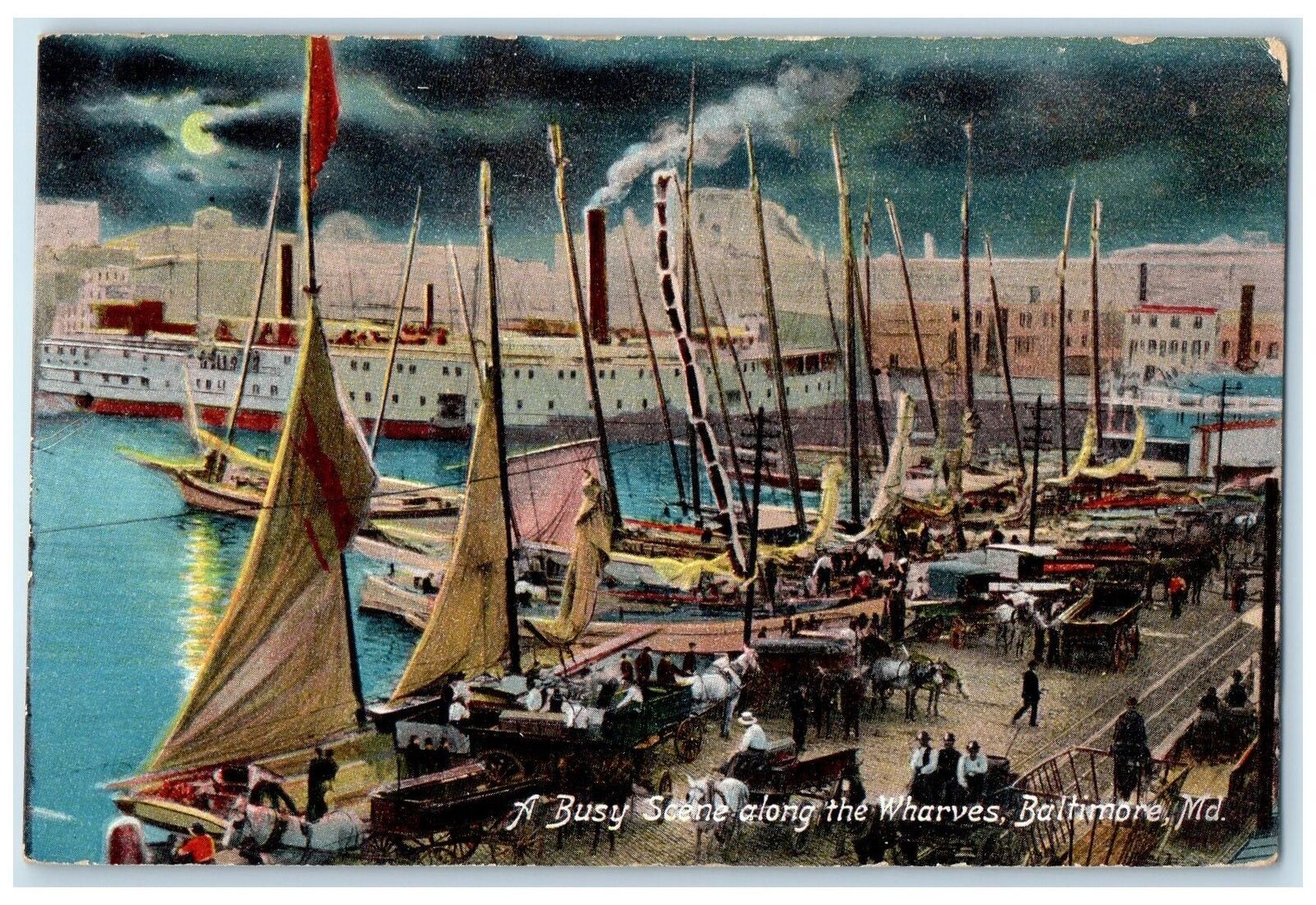 1907 A Busy Scene Along The Wharves Docked Sailboat Baltimore Maryland Postcard