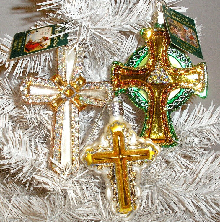 LOT OF (3) CROSSES - OLD WORLD CHRISTMAS BLOWN GLASS ORNAMENT - NEW W/TAGS