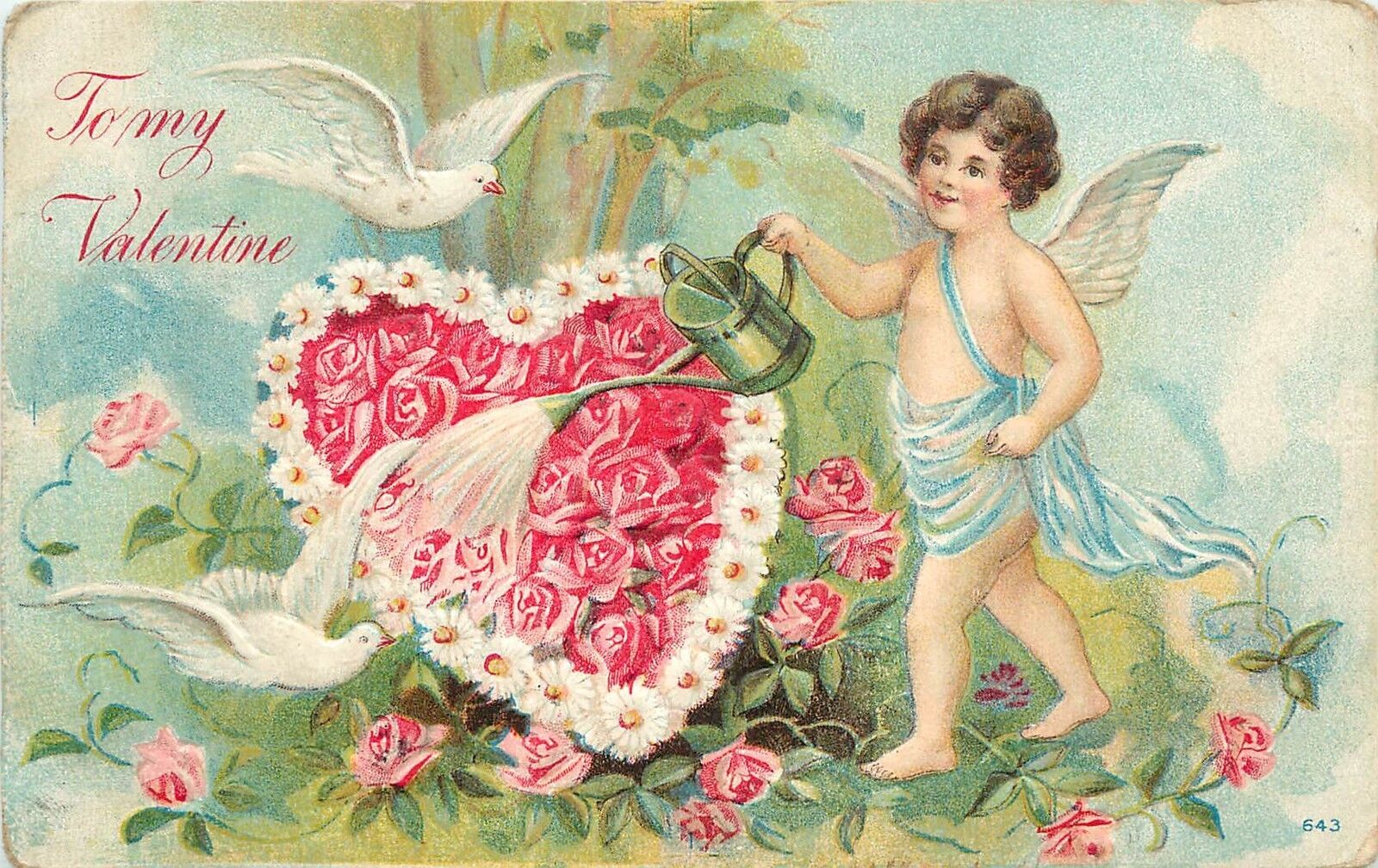 c1907 Embossed Valentine Postcard 643; Cupid & Watering Can w/ Wreath of Roses