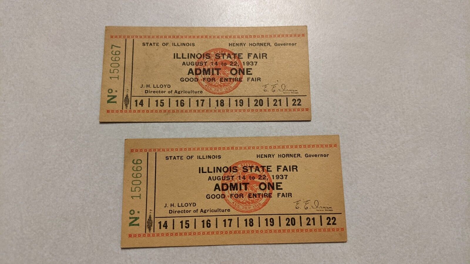 VINTAGE 1937 ILLINOIS STATE FAIR TICKET Pair - 2 Original Tickets