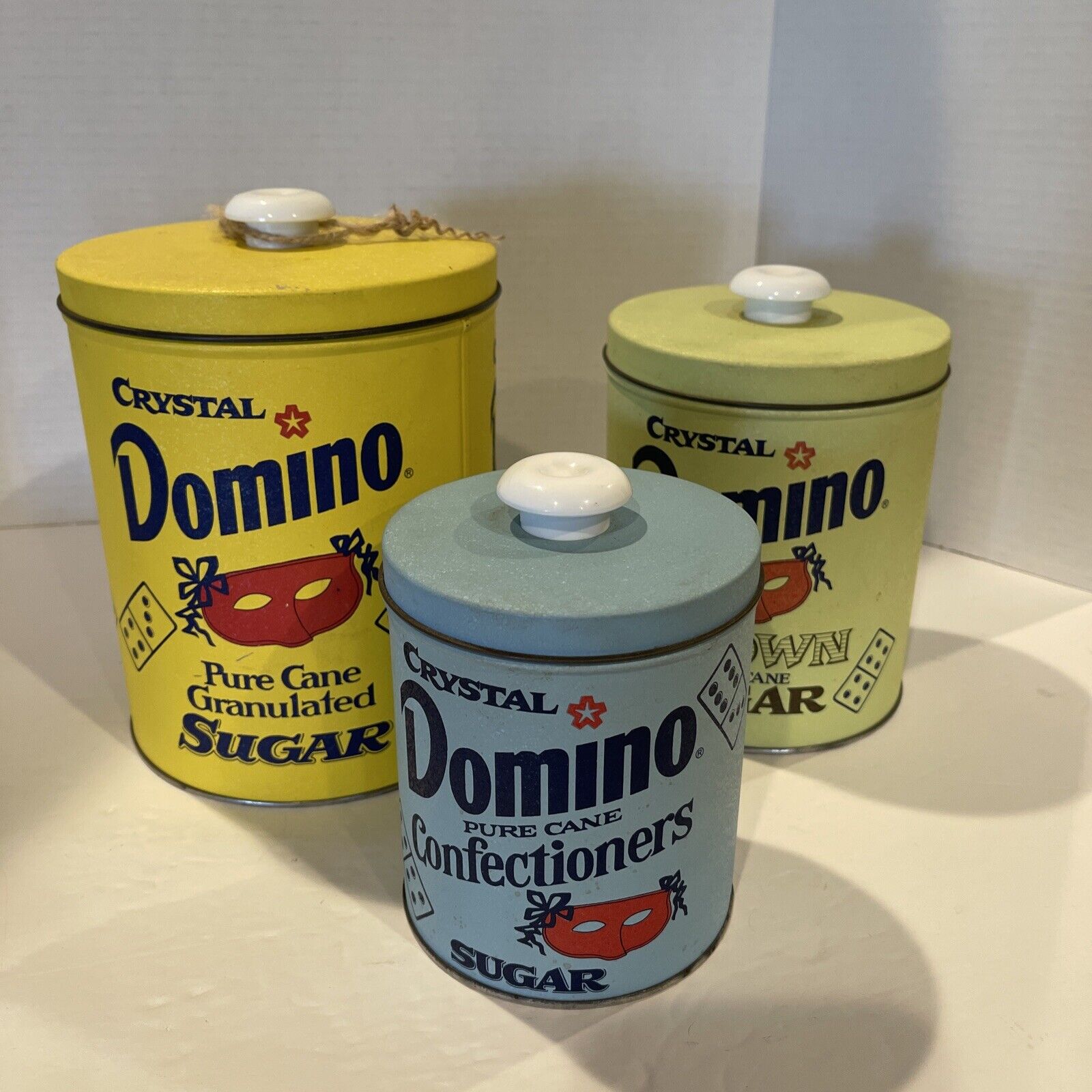 3 Vintage Crystal Domino Sugar Canisters Retro Kitchen Nesting Set Tin