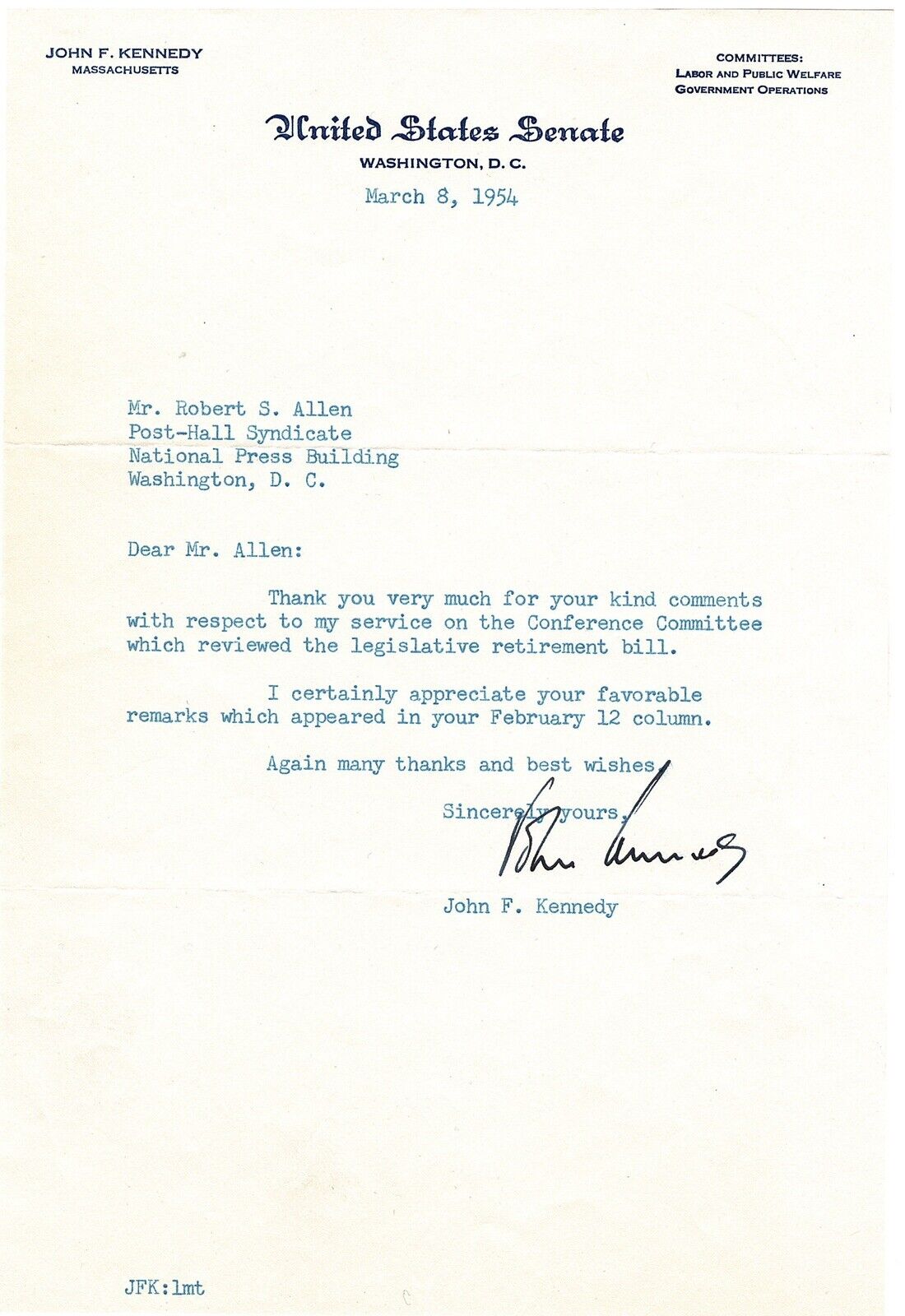 President Senator John F Kennedy Letter Of Authenticity Rare  JSA LOA Signature