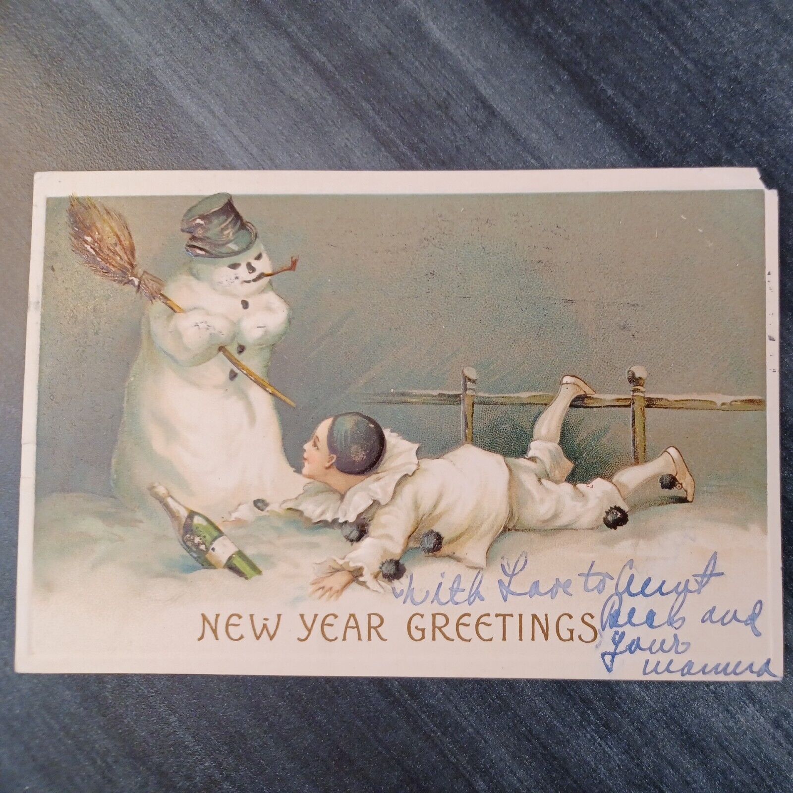 1911 CHRISTMAS New Year Postcard Animated Magical SNOWMAN Clown Pierrot Frosty