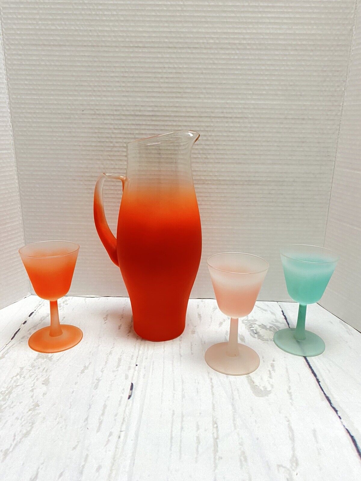 Vintage Frosted Ombre Cocktail Pitcher With A Set of 3 Glasses Marked France