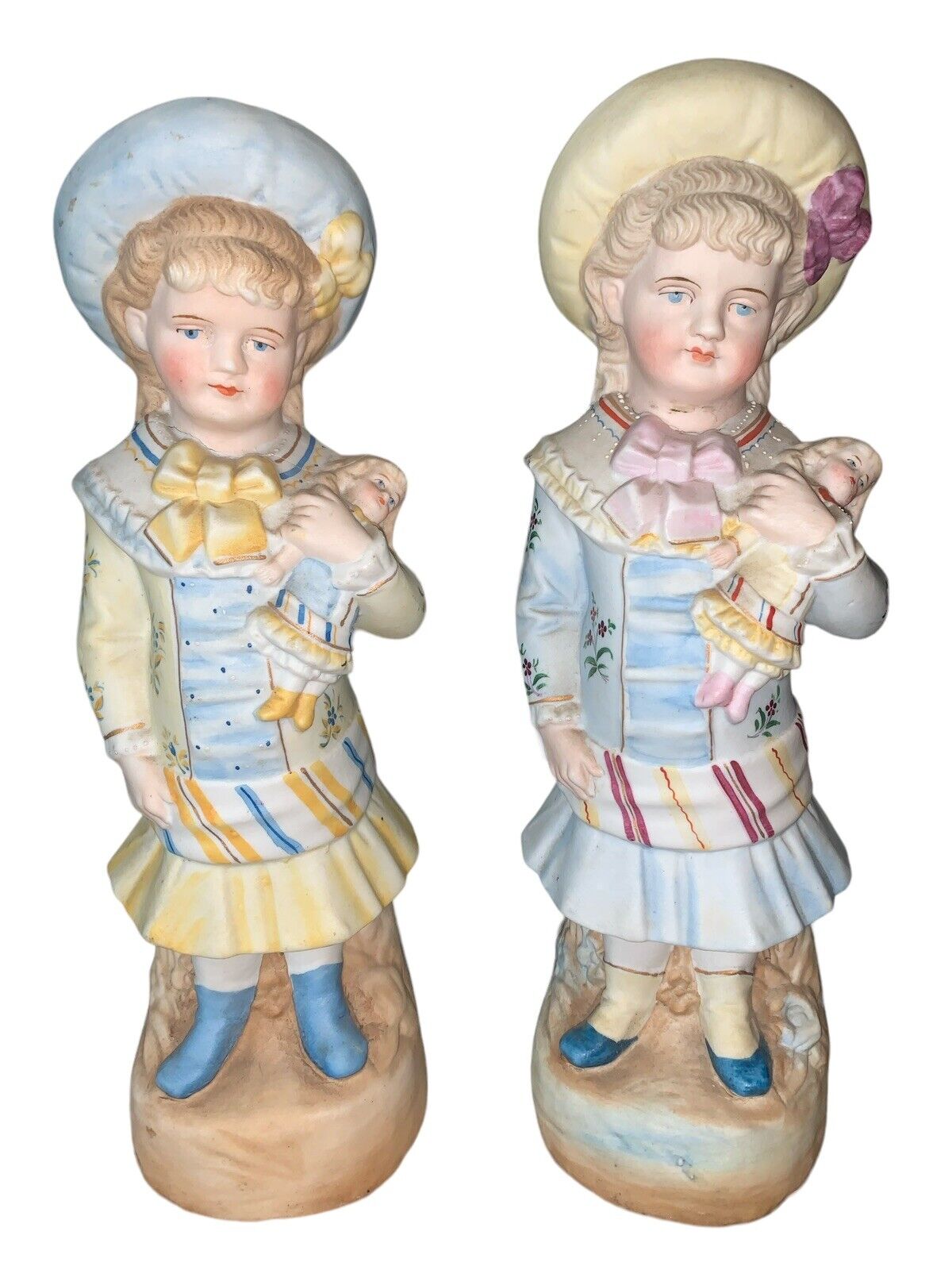 Antique German Hand Painted Bisque Porcelain Figurines Girls Holding Doll READ