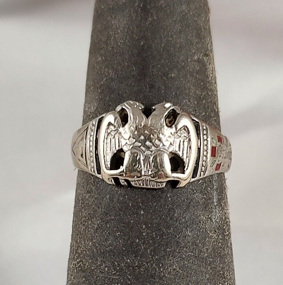 Antique14K White Gold Double Eagle Scottish Rite Ring Size 6.75
