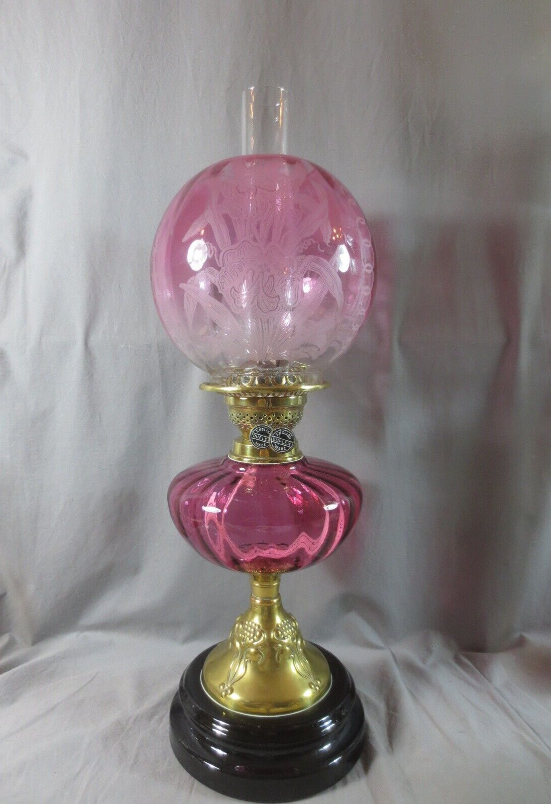 ORIGINAL ANTIQUE BRASS & CRANBERRY GLASS OIL LAMP  WITH ORIGINAL CRANBERRY SHADE