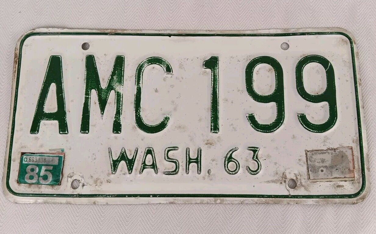 Single 1963 Washington State License Plate AMC 199 WASH. 63 Tab 85 Green & White