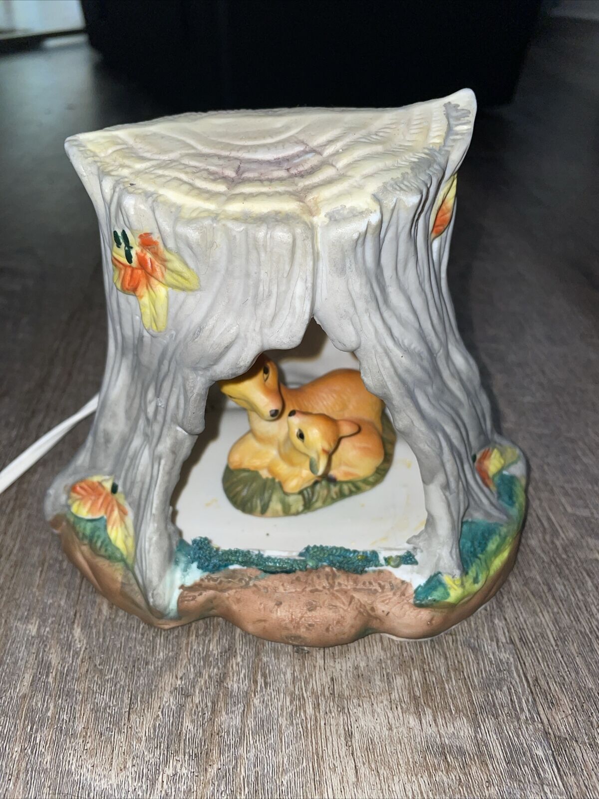 Vintage Unglazed Ceramic Lamp Log with Baby & Mom Deer 70's 80's Forest Decor