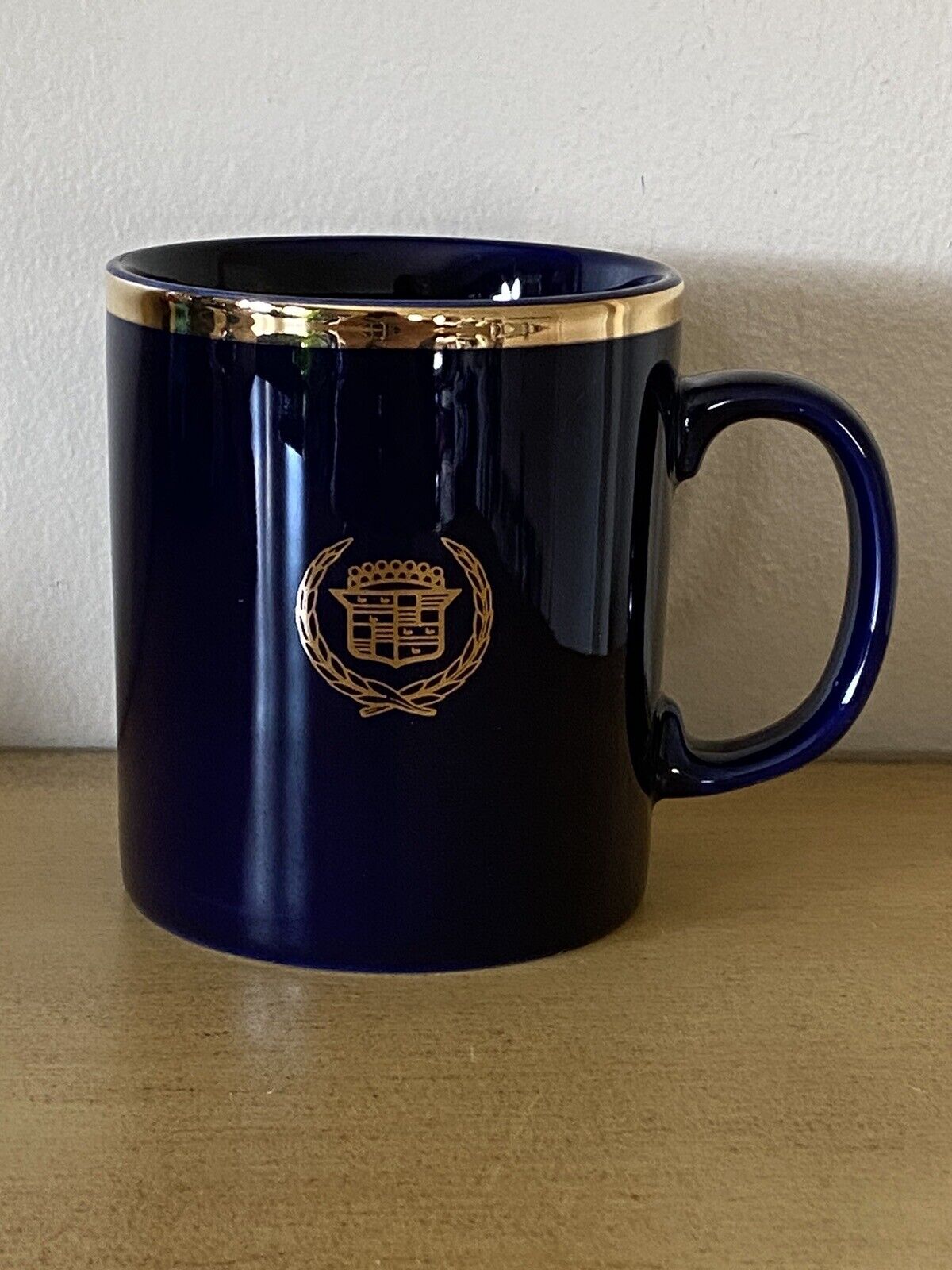 Vintage CADILLAC Coffee Mug Coloroll England Tea Cup Cobalt Blue Gold Automobile
