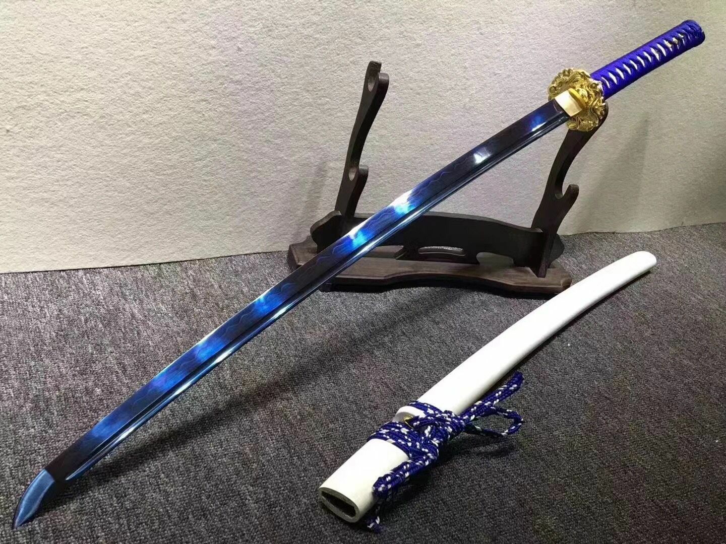 Blue Blade Clay Tempered T10 Steel Japanese Samurai Katana Sword Sharp 