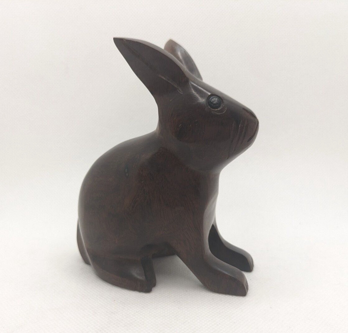 Bunny Rabbit Carved Ebony Dark Wood Figurine Sculpture Folk Art Primitive