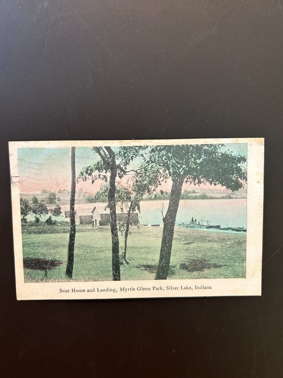 Boat house & landing Myrtle Glenn Park Silver Lake Indiana 1911 postcard