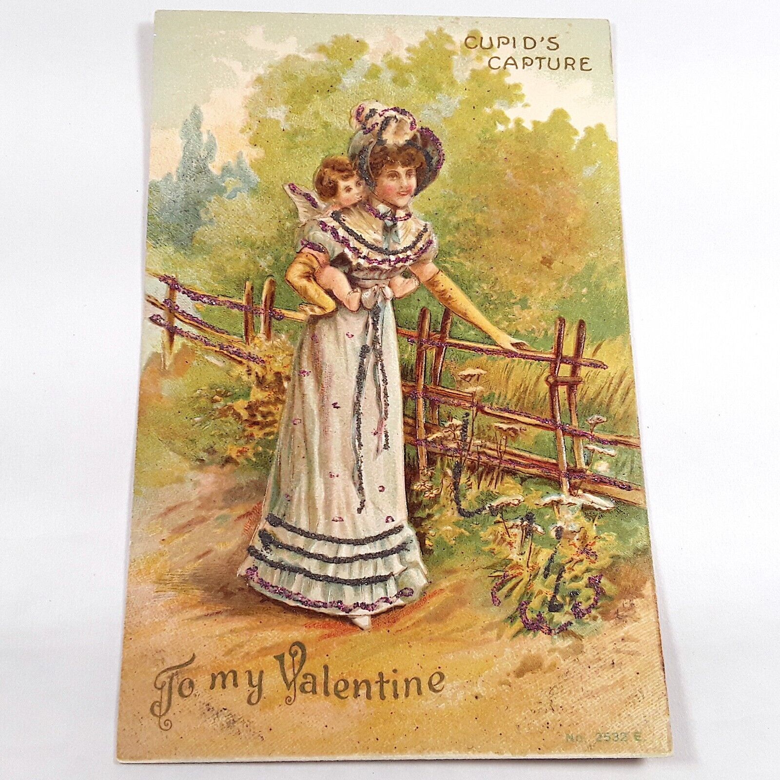 Cupid\'s Capture Valentine Postcard 1907-15 Made In Germany Glitter Embossed