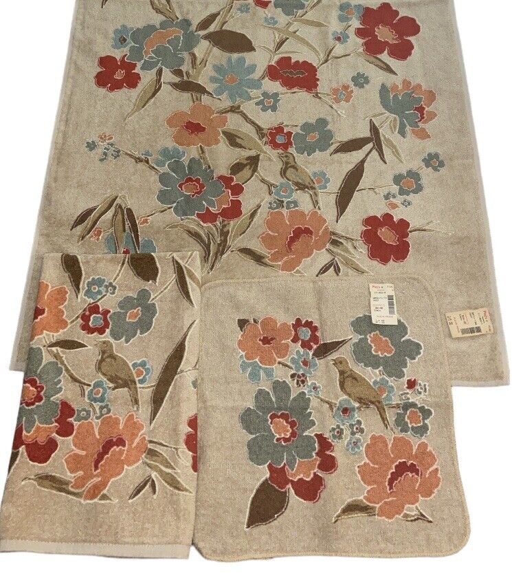 Vintage JP Stevens Boho Tapestry Style Bird Floral Bath Towel Set Taupe NOS