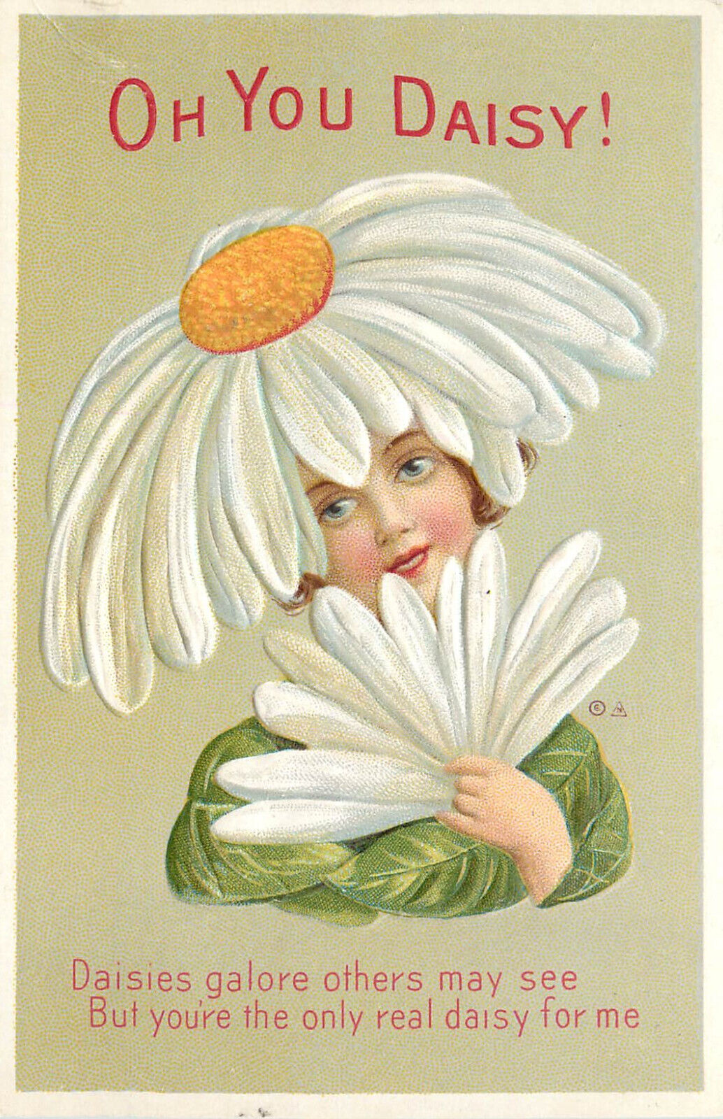 Embossed Postcard Oh You Daisy Fantasy Face in Daisy Flower