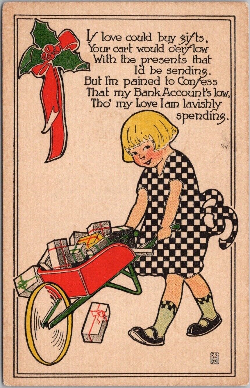 c1910s MERRY CHRISTMAS Postcard Girl w/ Wheelbarrow of Gifts / Artist-Signed