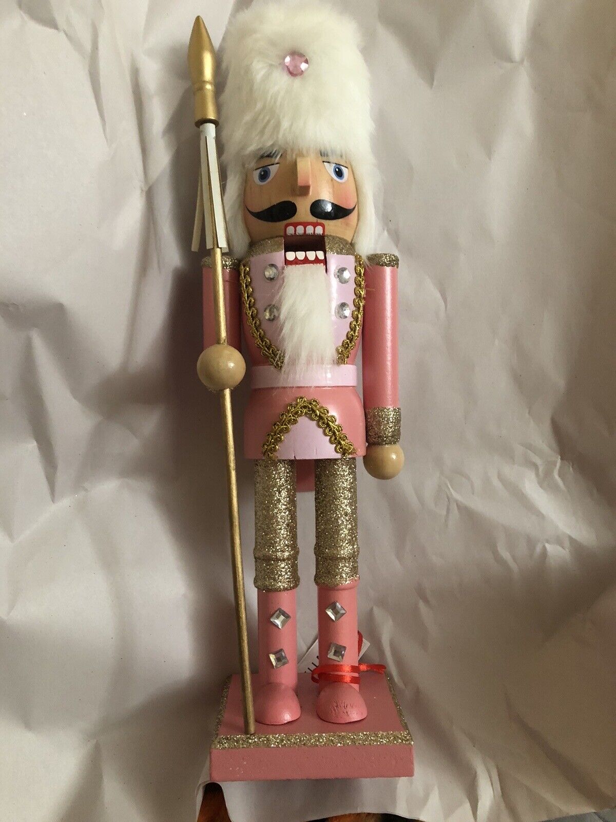 Bella Lux Wooden 14.5” Nutcracker Soldier Pink Gold Glitter Christmas Home Decor