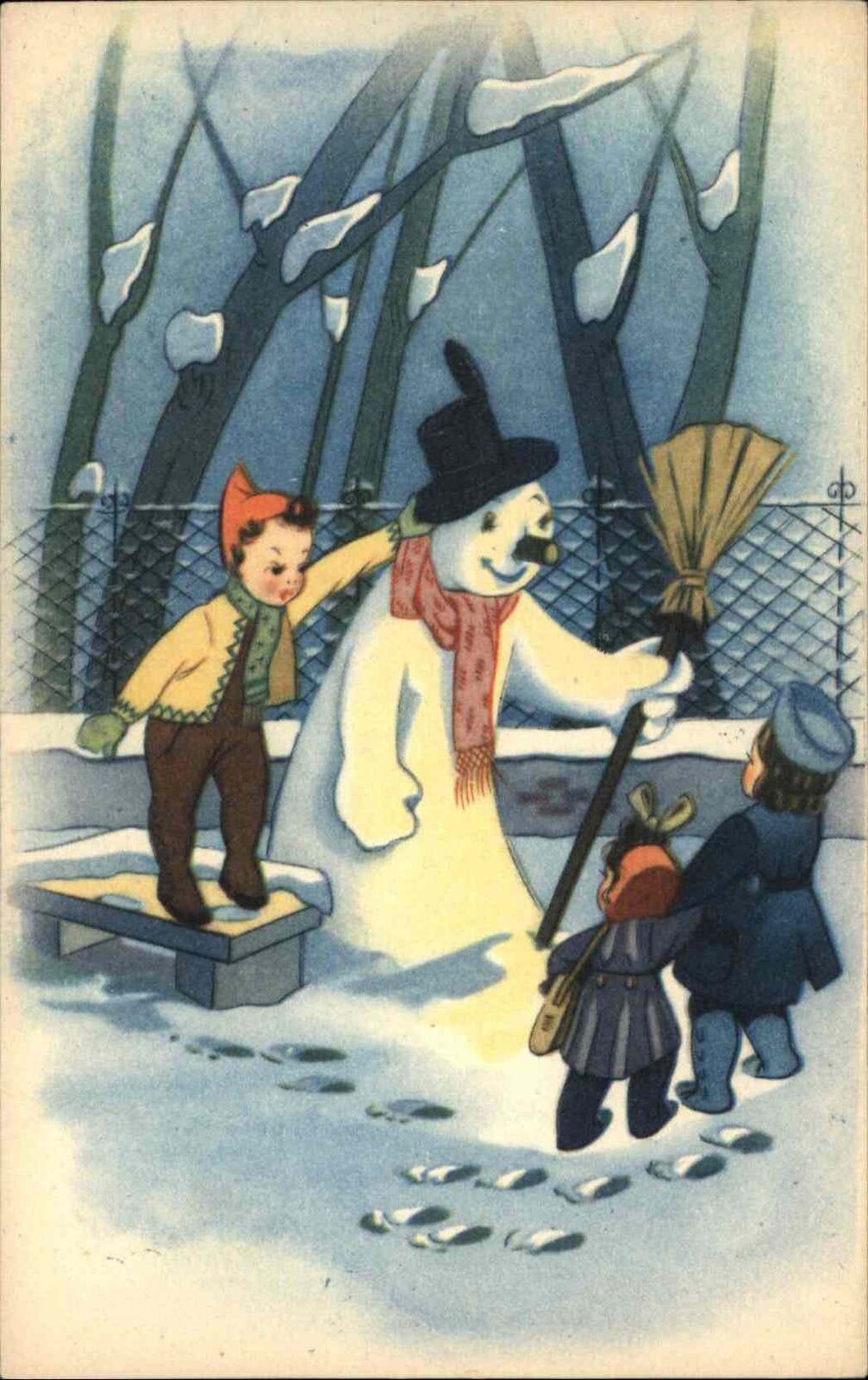 Christmas Children Playing Snowman c1900s-10s Postcard