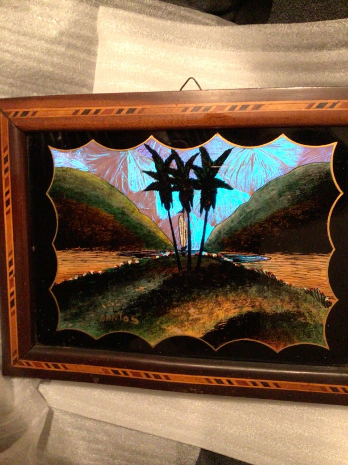 Vintage Intricate Morpho Butterfly Wing Reverse Painting Art Inlaid Wood Frame 