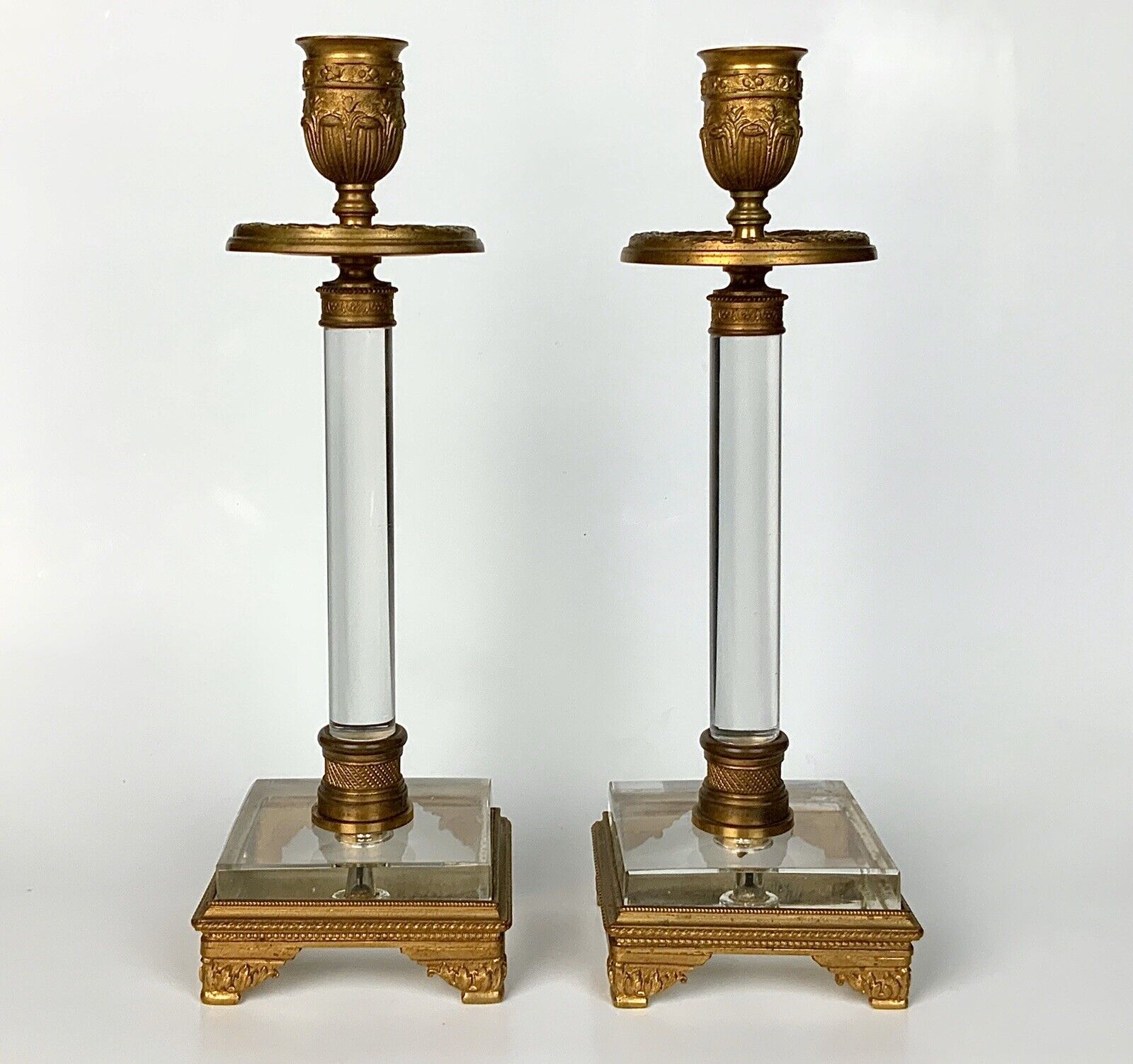 Antique Napoleon Pair French 1800s Early Glass & Gilt Bronze Ormolu Candlesticks