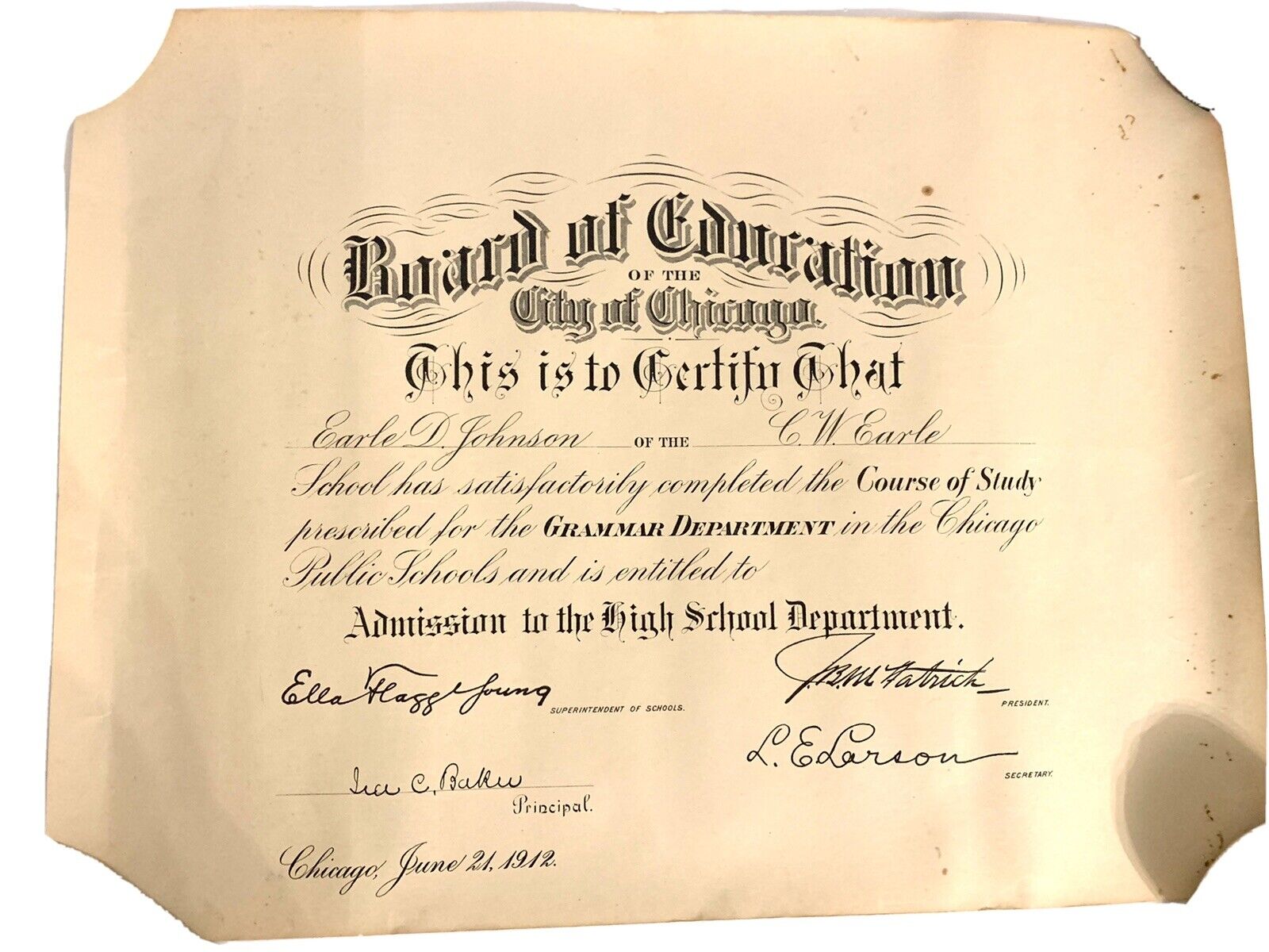 Antique 1912 Public Chicago High School Diploma 16x12”