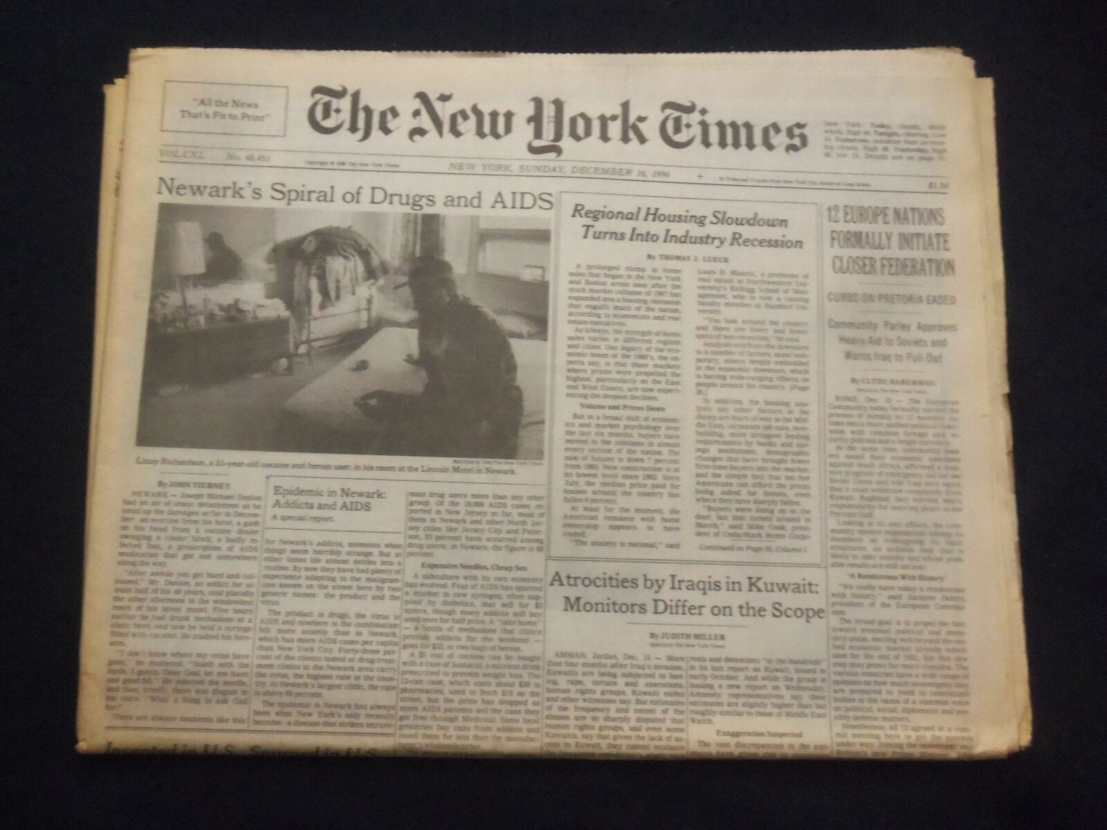 1990 DEC 16 NEW YORK TIMES NEWSPAPER -NEWARK\'S SPIRAL OF DRUGS AND AIDS- NP 7098