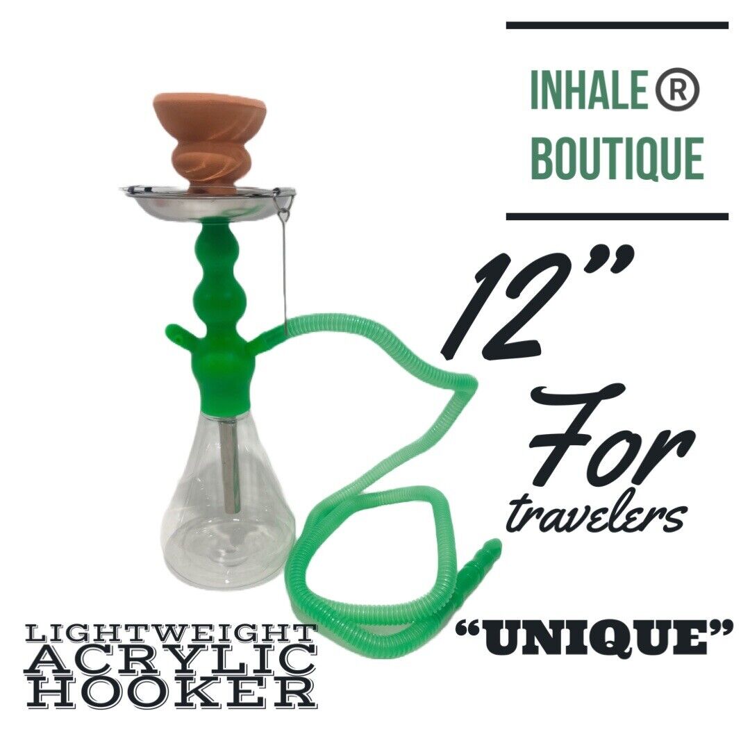 Lightweight Acrylic Hookah Set “UNIQUE” GREEN 12” /Traveler Size / Unglazed Bowl