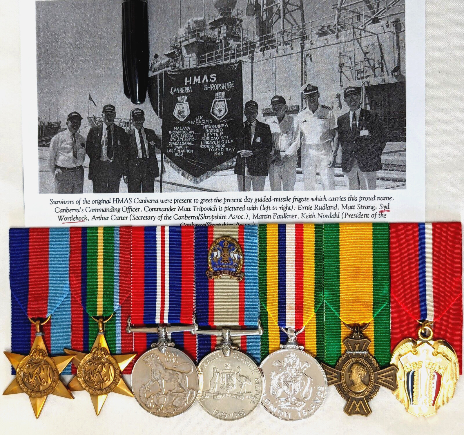 WW2 Royal Australian Navy service medals, badge, photo, record HMAS Canberra RAN